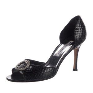 Manolo Blahnik Black Snakeskin Heels with Crystal Embellishment